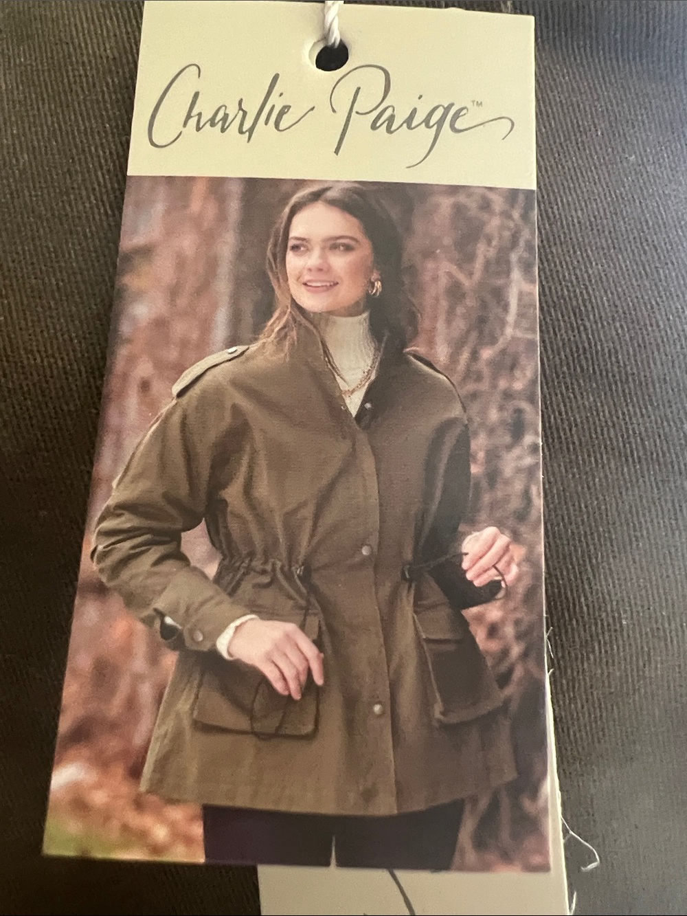 NWT Charlie Paige Olive Utility Field Jacket Drawstring Waist Patch Pockets